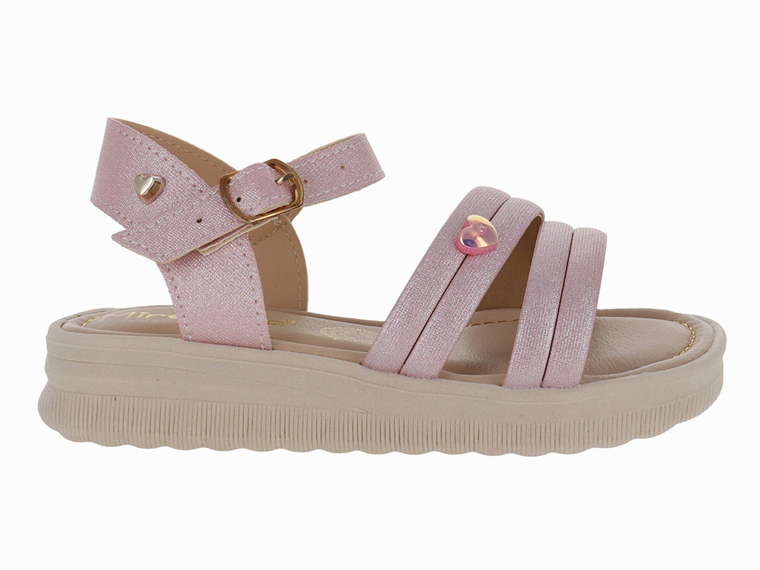 Sandalia rosa de plataforma con correa ajustable y suela beige.