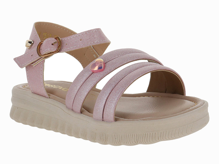 Sandalia rosa de plataforma con correa ajustable y suela beige.