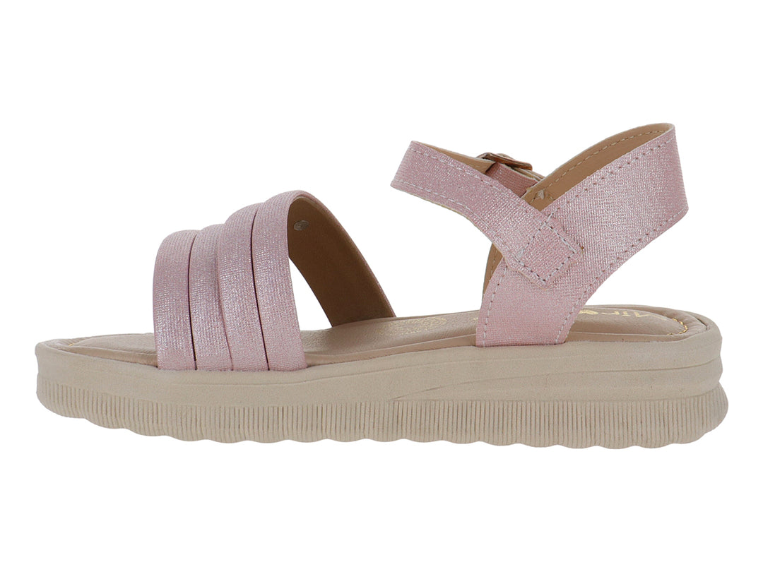 Sandalia rosa de plataforma con correa ajustable y suela beige.