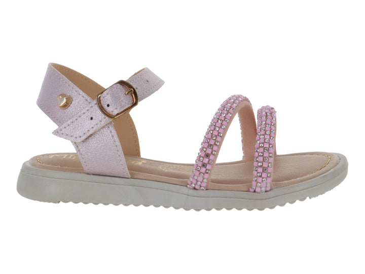 Sandalia rosa para niña con tiras decoradas con brillos, hebilla dorada y suela gris.