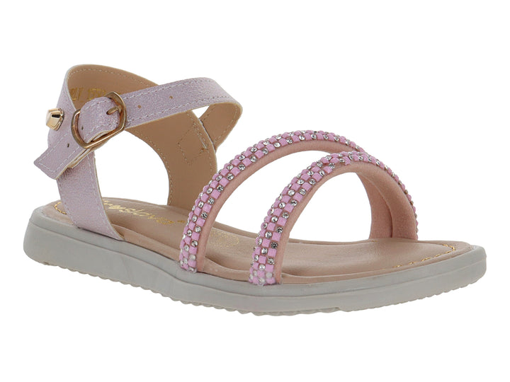 Sandalia rosa para niña con tiras decoradas con brillos, hebilla dorada y suela gris.