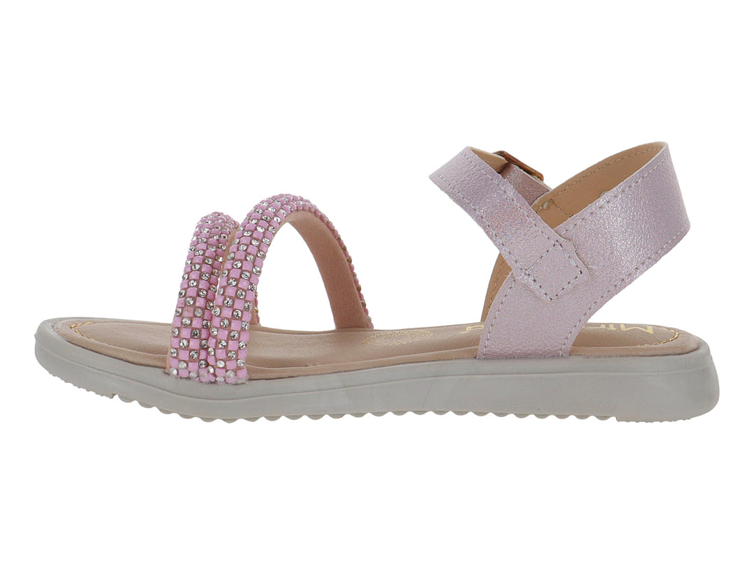 Sandalia rosa para niña con tiras decoradas con brillos, hebilla dorada y suela gris.