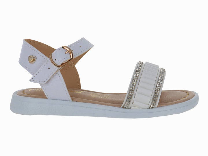 Sandalia blanca para niña con correa ajustable, hebilla dorada y detalles decorativos brillantes en la parte frontal.