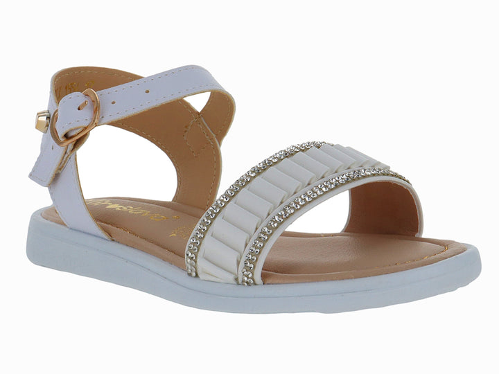 Sandalia blanca para niña con correa ajustable, hebilla dorada y detalles decorativos brillantes en la parte frontal.