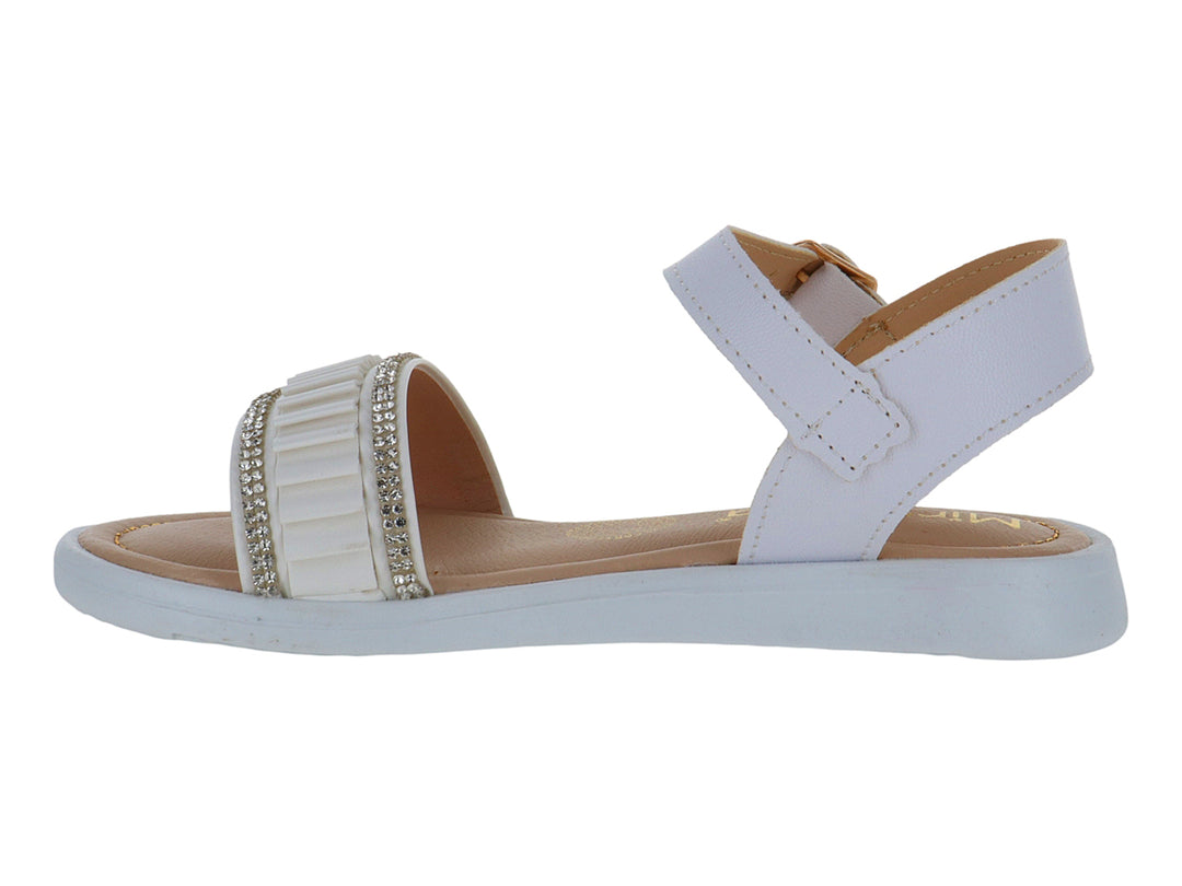 Sandalia blanca para niña con correa ajustable, hebilla dorada y detalles decorativos brillantes en la parte frontal.