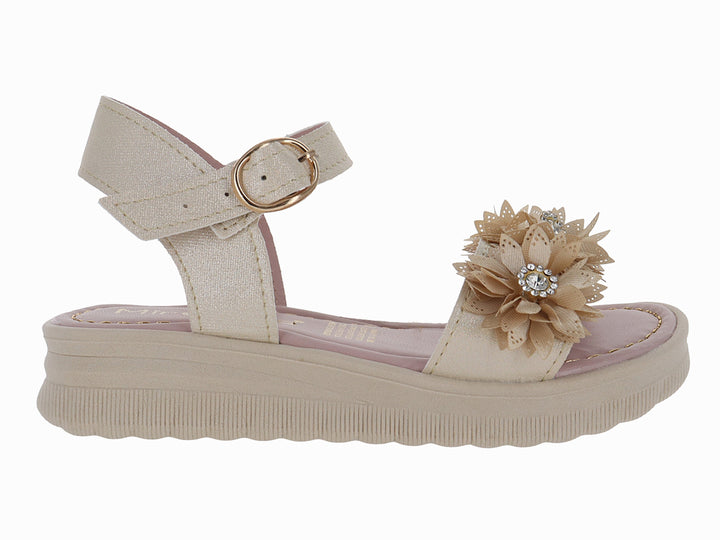 Sandalia de plataforma color oro con detalle de flor brillante y correa ajustable.