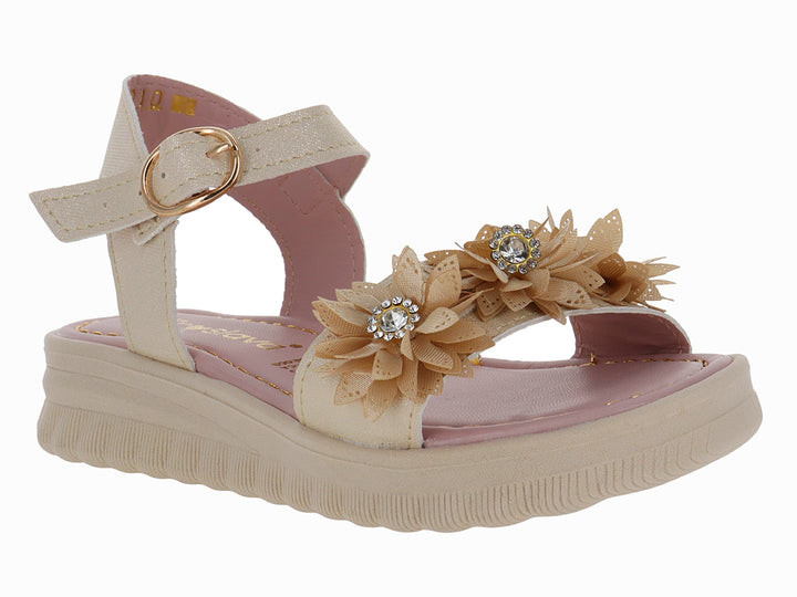 Sandalia de plataforma color oro con detalle de flor brillante y correa ajustable.