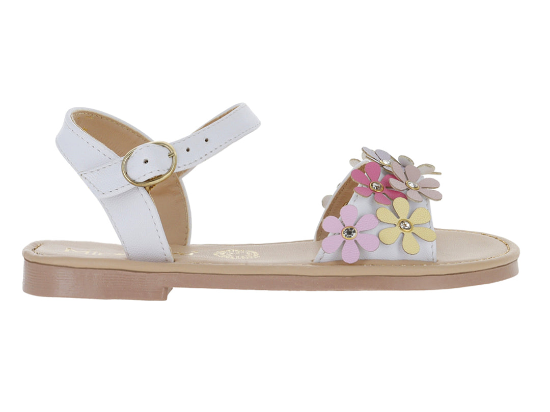 Sandalia blanca para niña con decoraciones de flores multicolores y correa ajustable.