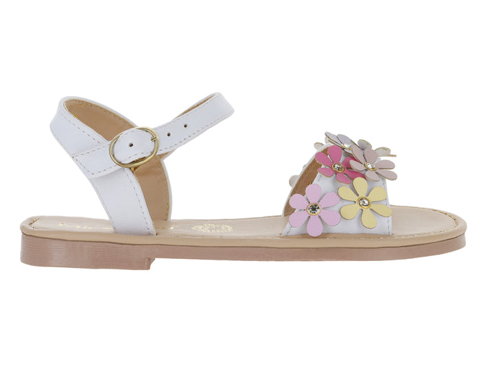 Sandalia blanca para niña con decoraciones de flores multicolores y correa ajustable.