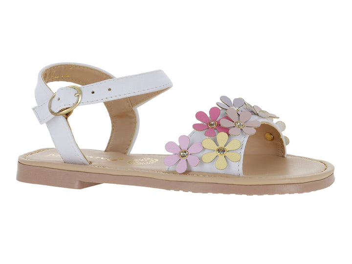 Sandalia blanca para niña con decoraciones de flores multicolores y correa ajustable.