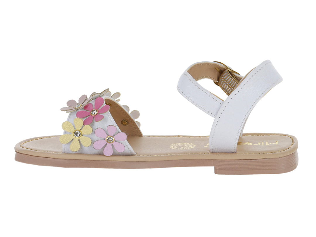 Sandalia blanca para niña con decoraciones de flores multicolores y correa ajustable.