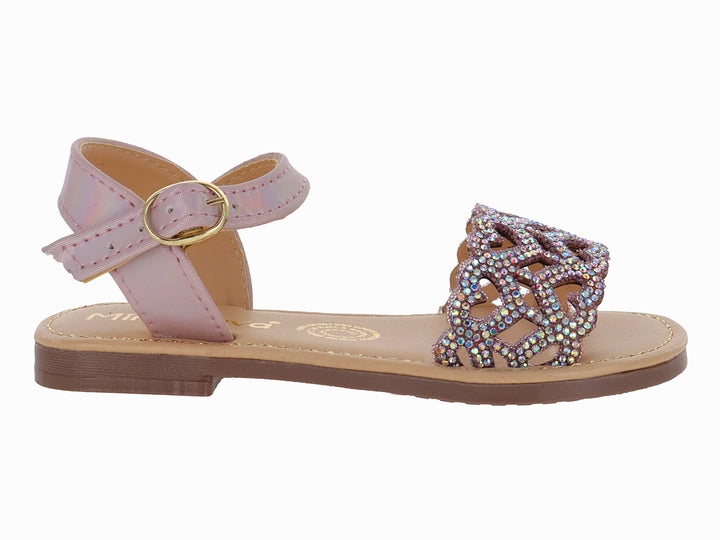 Sandalia rosa para niña con correa ajustable y parte frontal decorada con brillantes.