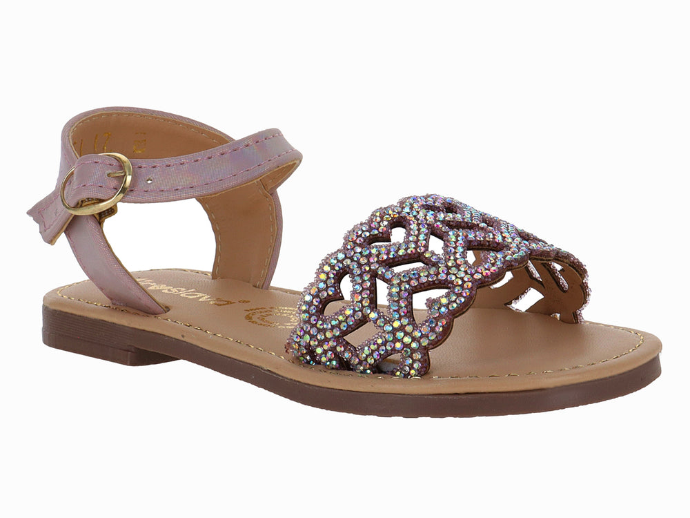 Sandalia rosa para niña con correa ajustable y parte frontal decorada con brillantes.
