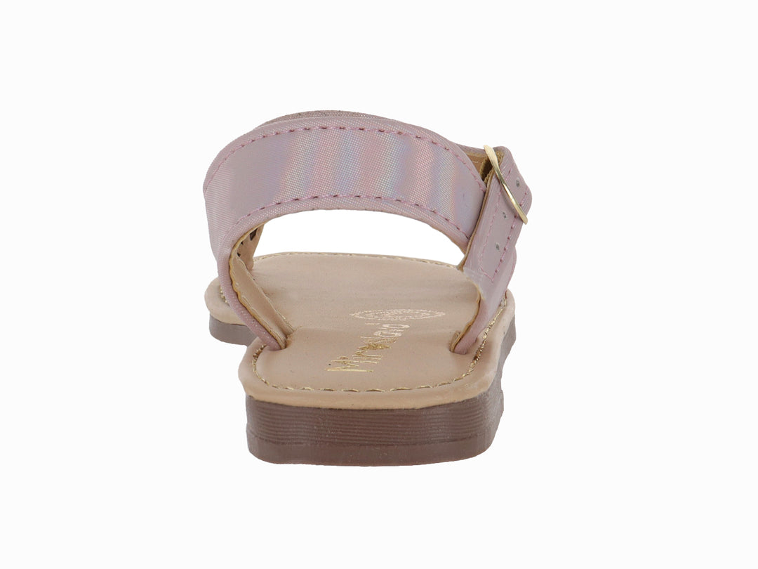 Sandalia rosa para niña con correa ajustable y parte frontal decorada con brillantes.