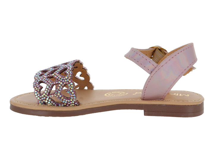 Sandalia rosa para niña con correa ajustable y parte frontal decorada con brillantes.