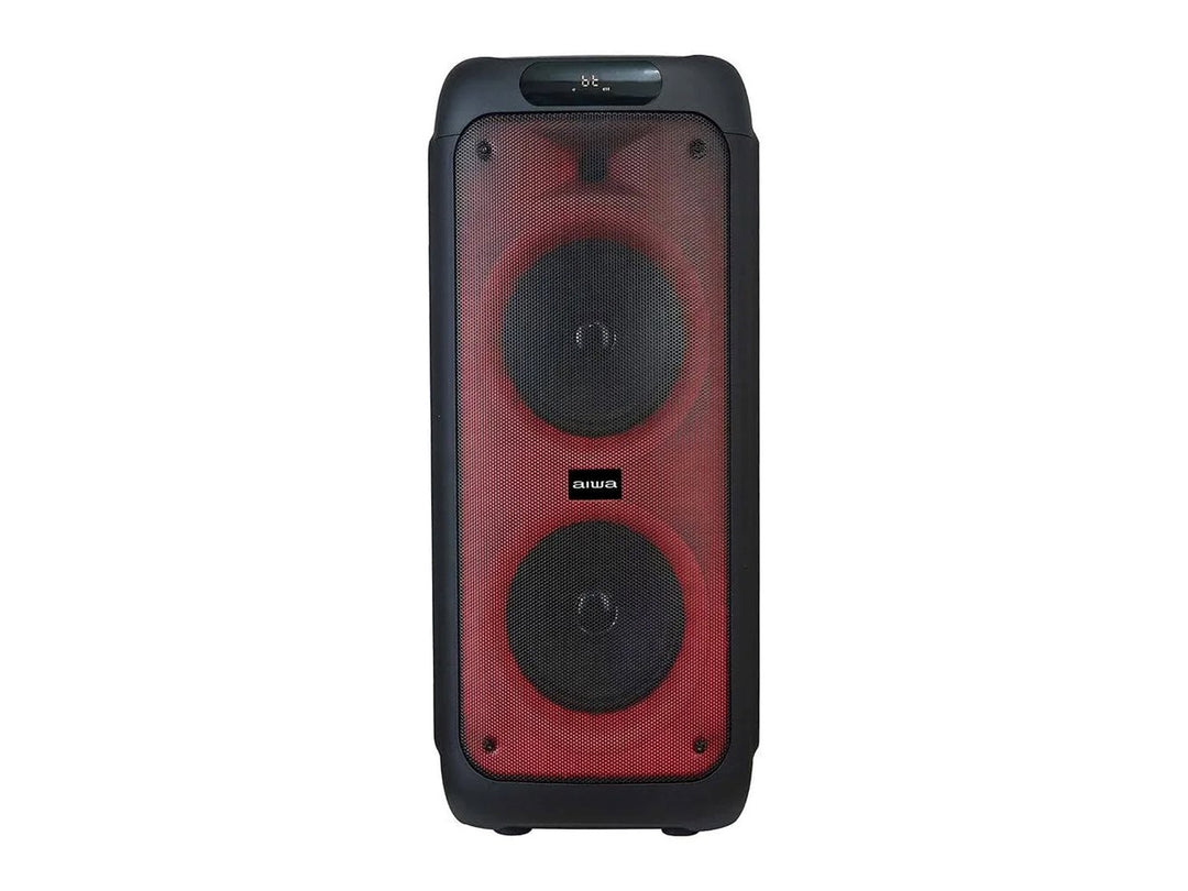 Bafle AIWA negro con doble altavoz y rejilla frontal iluminada en color rojo.