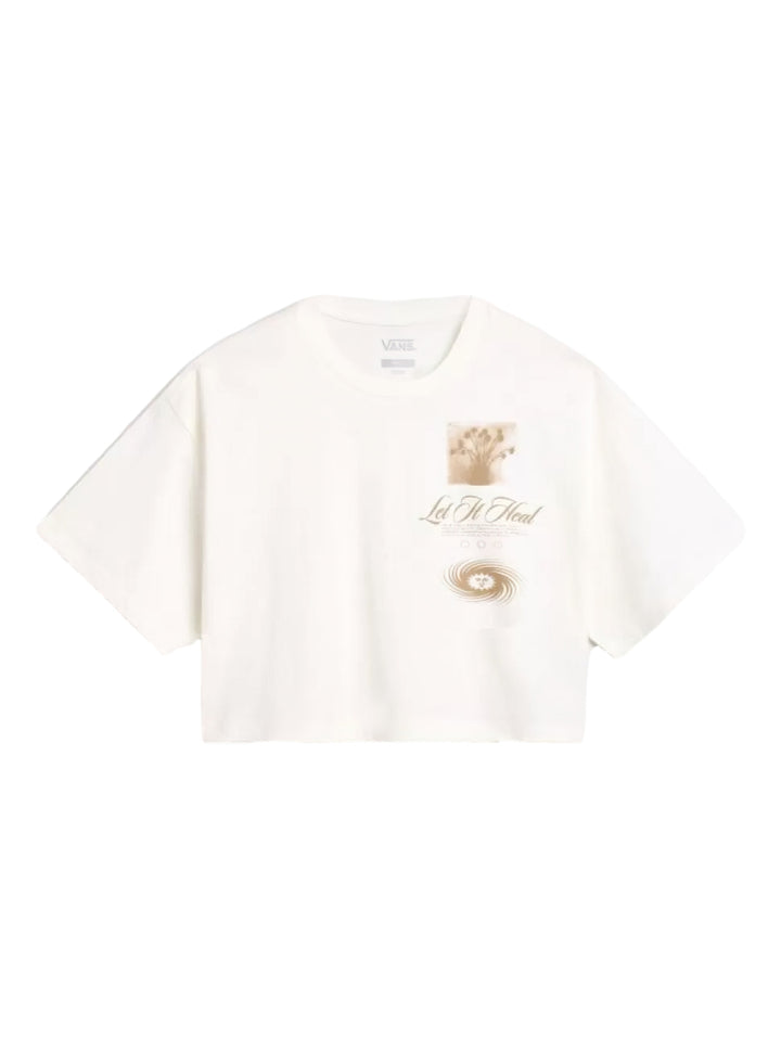 Playera corta VANS color marshmallow con gráfico beige en el pecho.