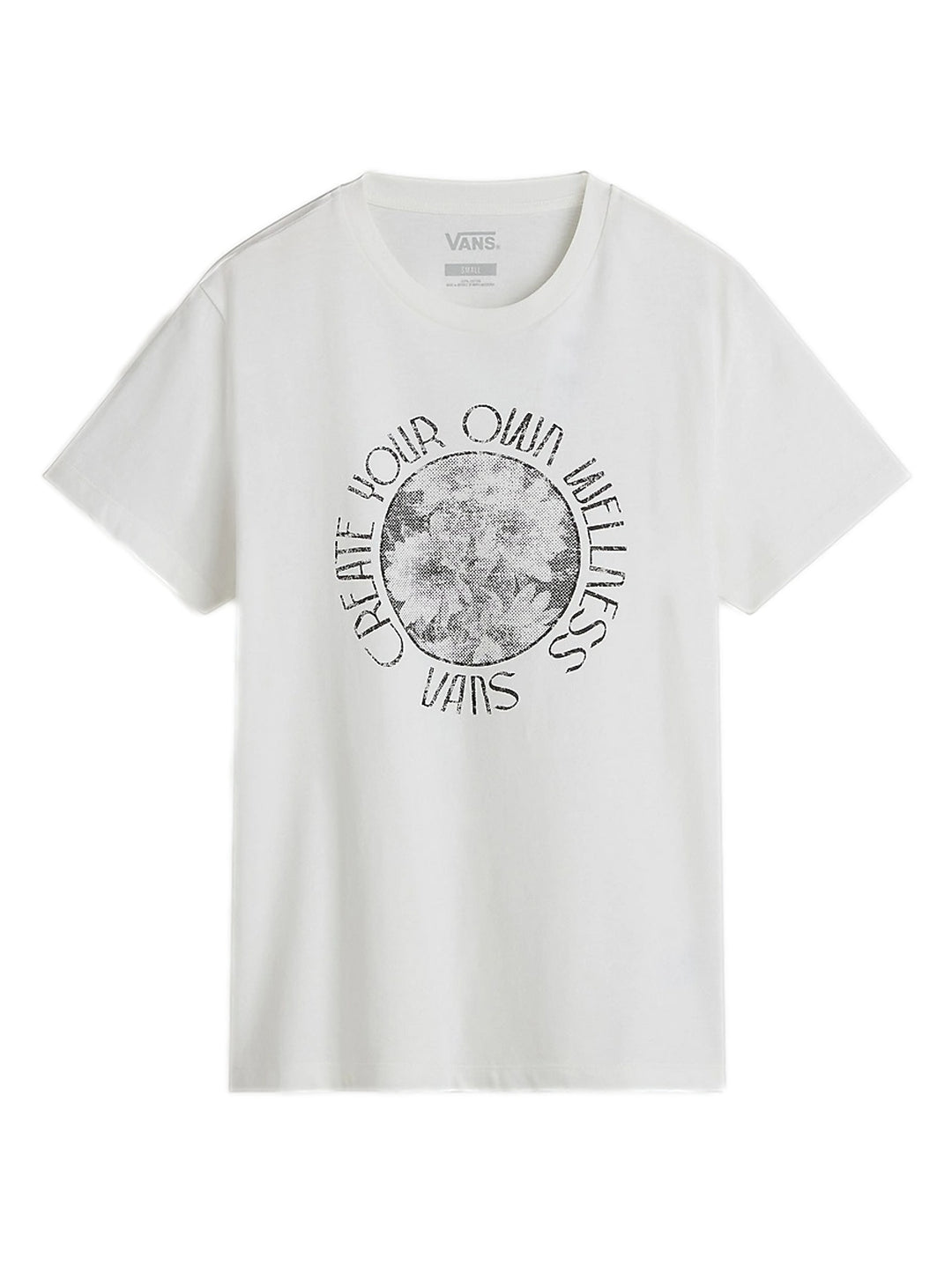 Camiseta de manga larga VANS color blanco con mangas grises y estampado circular en el pecho.