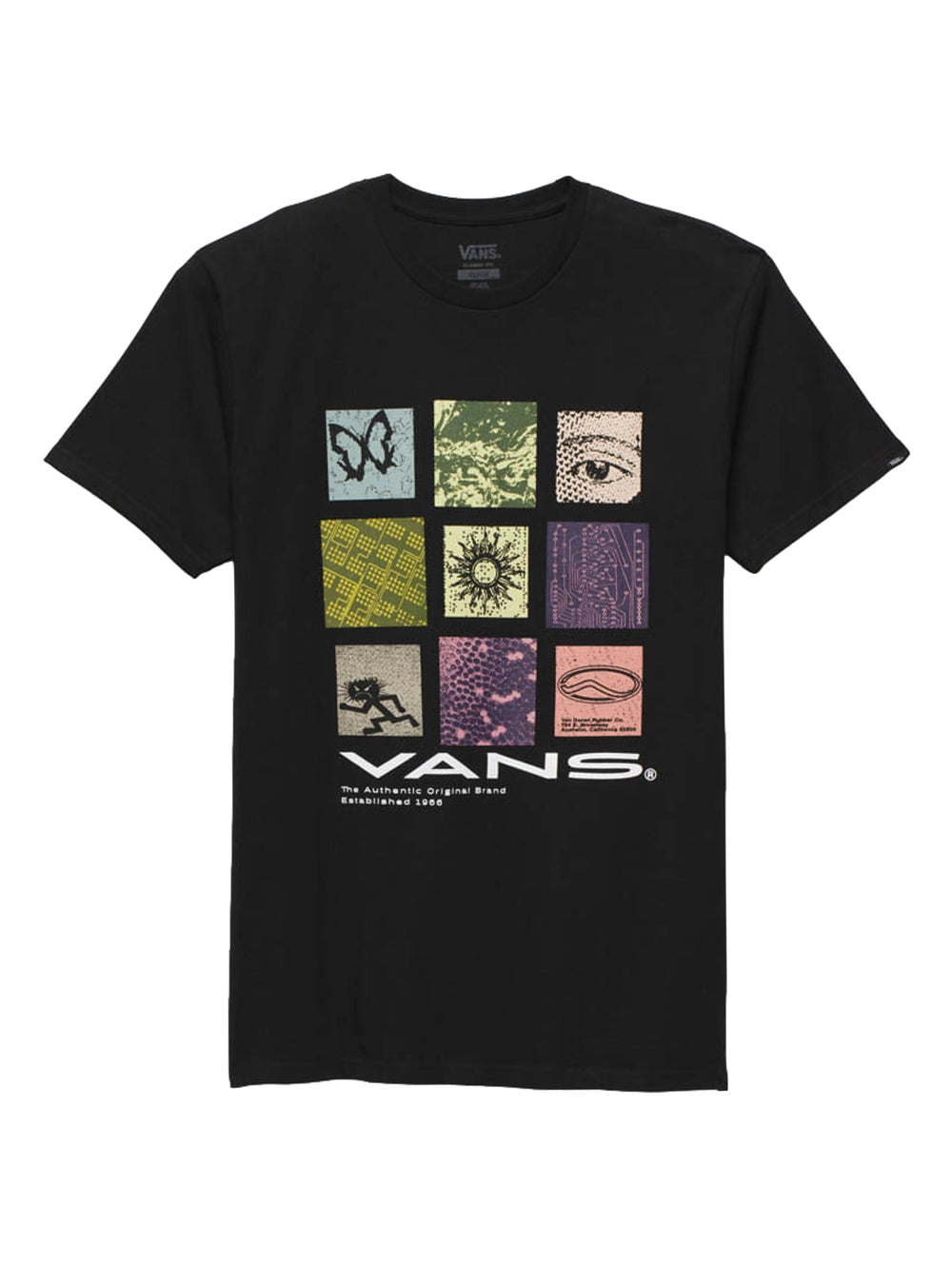 Hombre vistiendo una camiseta negra de manga corta VANS con un estampado gráfico colorido en el pecho.
