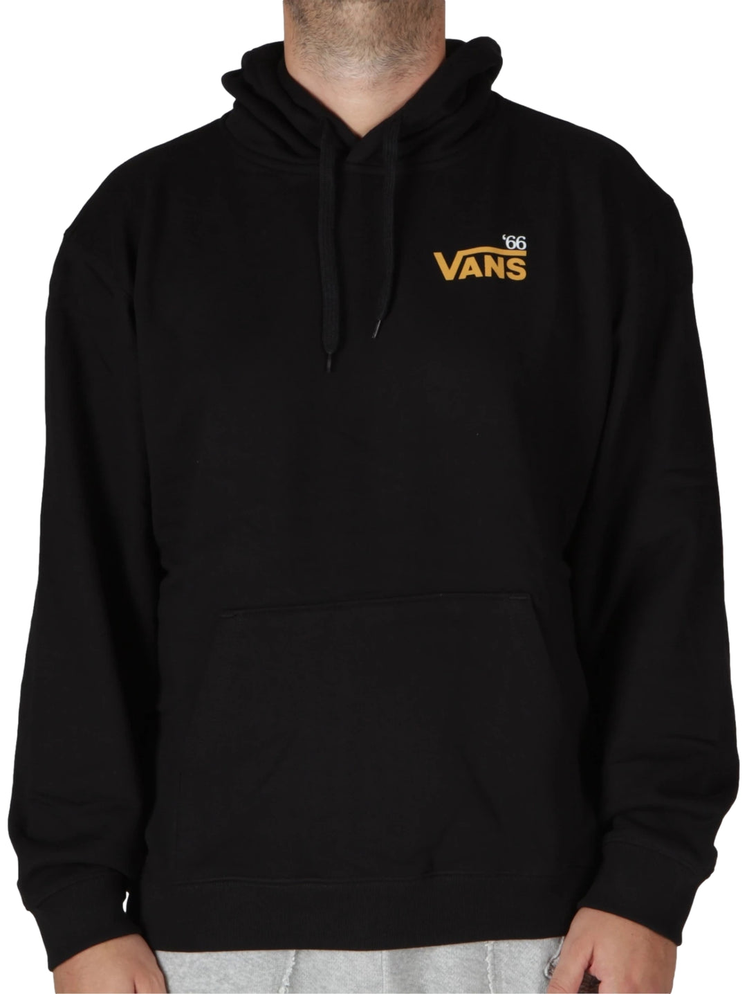 Sudadera con capucha color negro de la marca VANS con logotipo amarillo en el pecho.