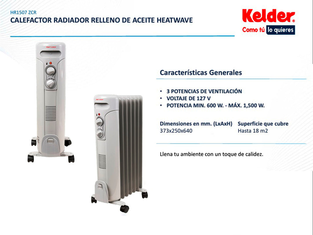 Calefactor radiador de aceite Heatwave color blanco con ruedas y controles frontales.