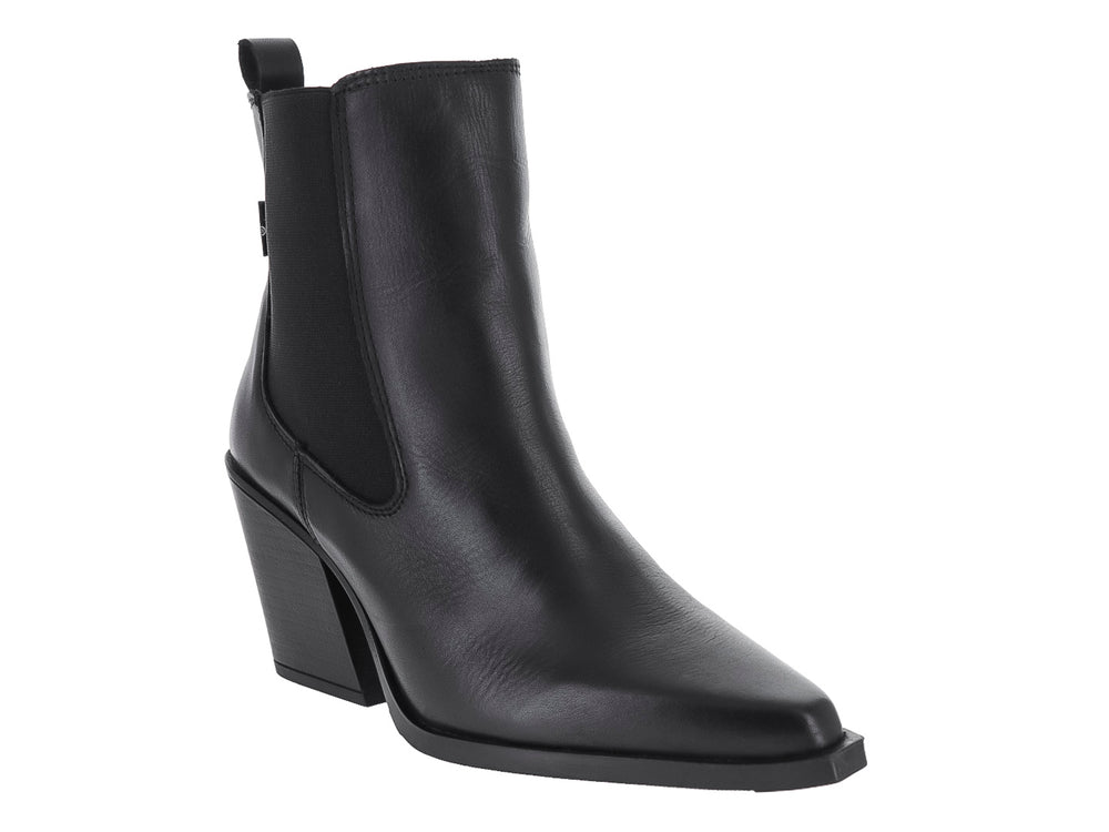 Botín negro de material sintético con tacón cuadrado y panel elástico lateral para Mujer.