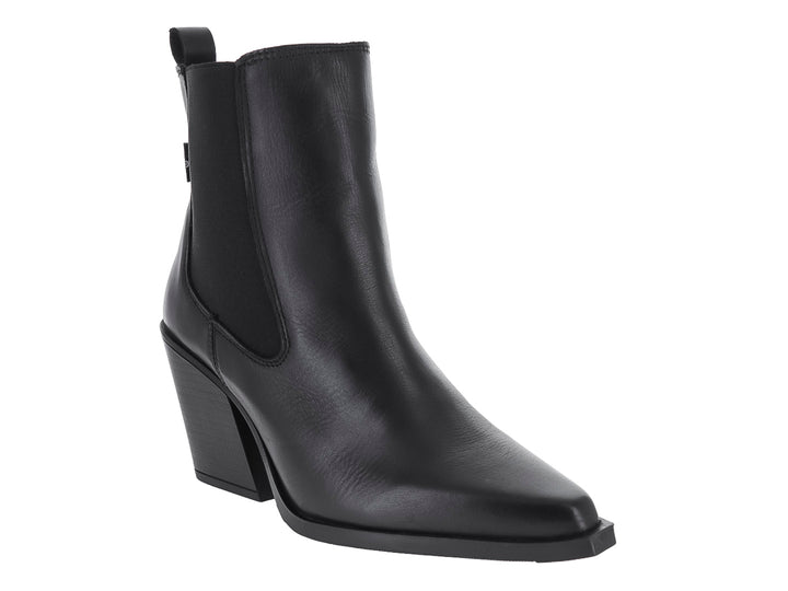 Botín negro de material sintético con tacón cuadrado y panel elástico lateral para Mujer.