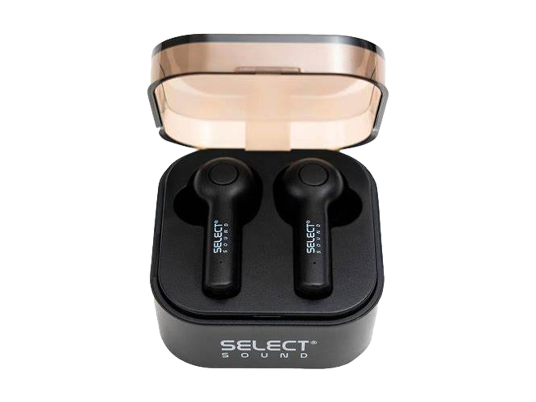 Audífonos inalámbricos Select Sound color negro en su estuche de carga con tapa transparente.