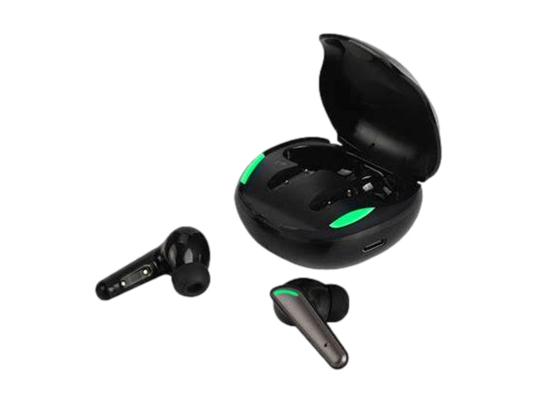 Audífonos inalámbricos gamer Select Sound color negro con detalles en verde y su estuche de carga abierto.