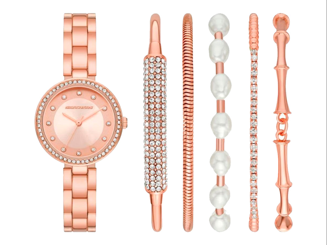 Set de 6 piezas que incluye un reloj y cinco pulseras en color rosa gold para mujer.