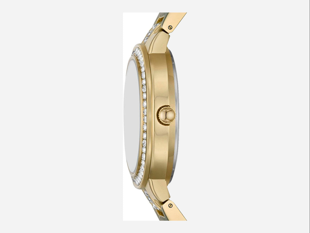 Set de 5 piezas Folio en color dorado que incluye un reloj analógico y cuatro pulseras decoradas con cristales.