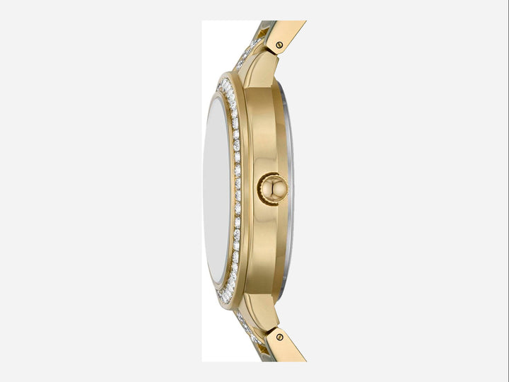 Set de 5 piezas Folio en color dorado que incluye un reloj analógico y cuatro pulseras decoradas con cristales.