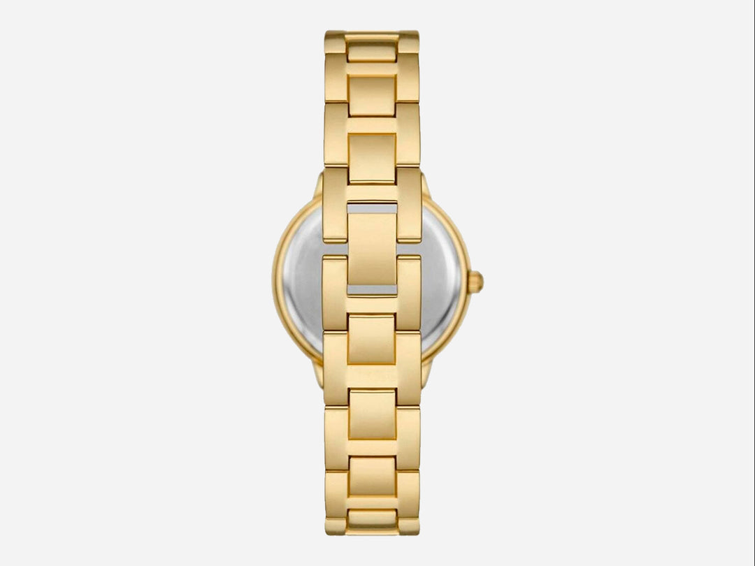 Set de 5 piezas Folio en color dorado que incluye un reloj analógico y cuatro pulseras decoradas con cristales.