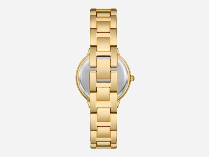 Set de 5 piezas Folio en color dorado que incluye un reloj analógico y cuatro pulseras decoradas con cristales.