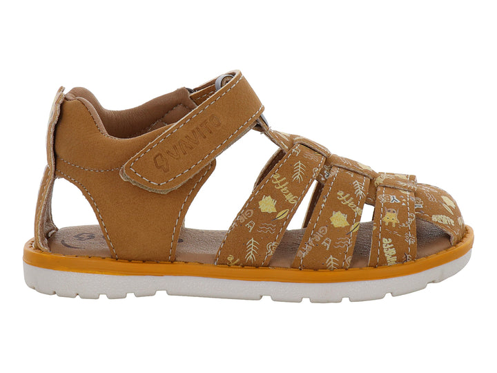 Sandalia infantil color amarillo con estampado, cierre de velcro y suela blanca.