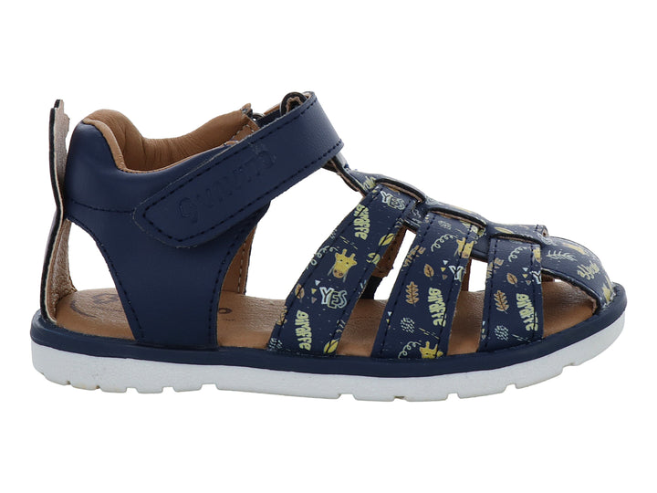 Sandalia infantil VAVITO color azul marino con detalles amarillos y suela blanca, cierre de velcro.