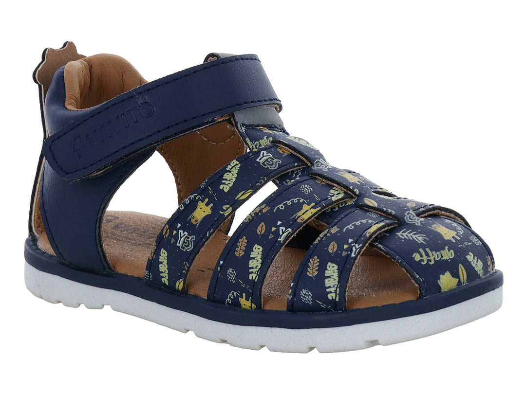 Sandalia infantil VAVITO color azul marino con detalles amarillos y suela blanca, cierre de velcro.