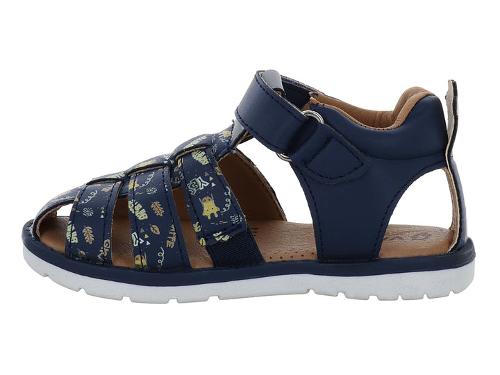 Sandalia infantil VAVITO color azul marino con detalles amarillos y suela blanca, cierre de velcro.