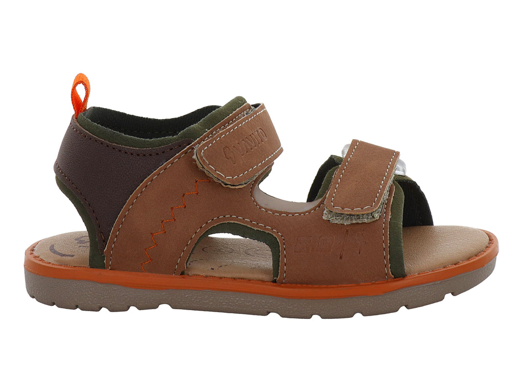 Sandalia para niño marca VAVITO en color camel con detalles en verde oliva y naranja, cierre de velcro.