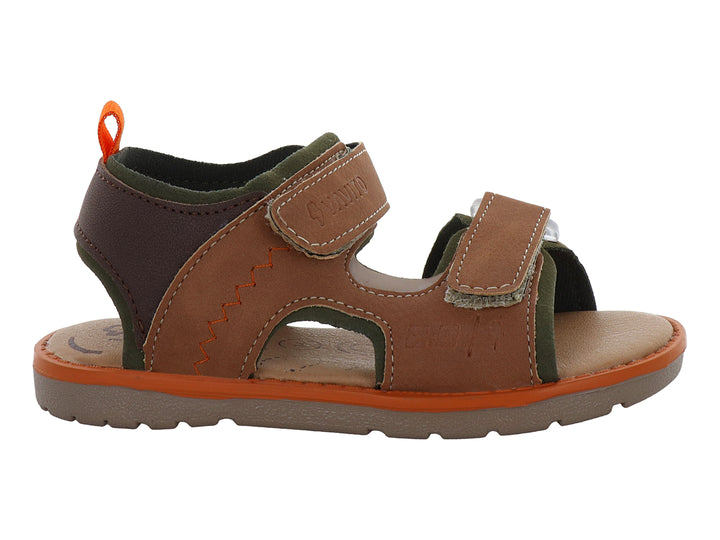 Sandalia para niño marca VAVITO en color camel con detalles en verde oliva y naranja, cierre de velcro.