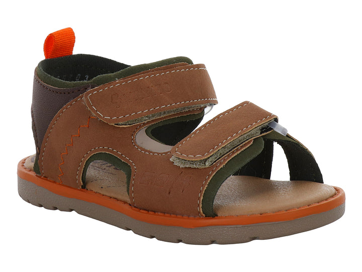 Sandalia para niño marca VAVITO en color camel con detalles en verde oliva y naranja, cierre de velcro.