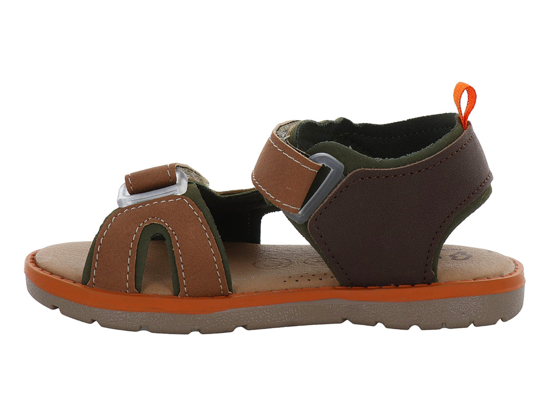 Sandalia para niño marca VAVITO en color camel con detalles en verde oliva y naranja, cierre de velcro.