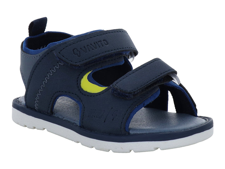 Sandalia infantil color azul marino con suela blanca y cierres de velcro.