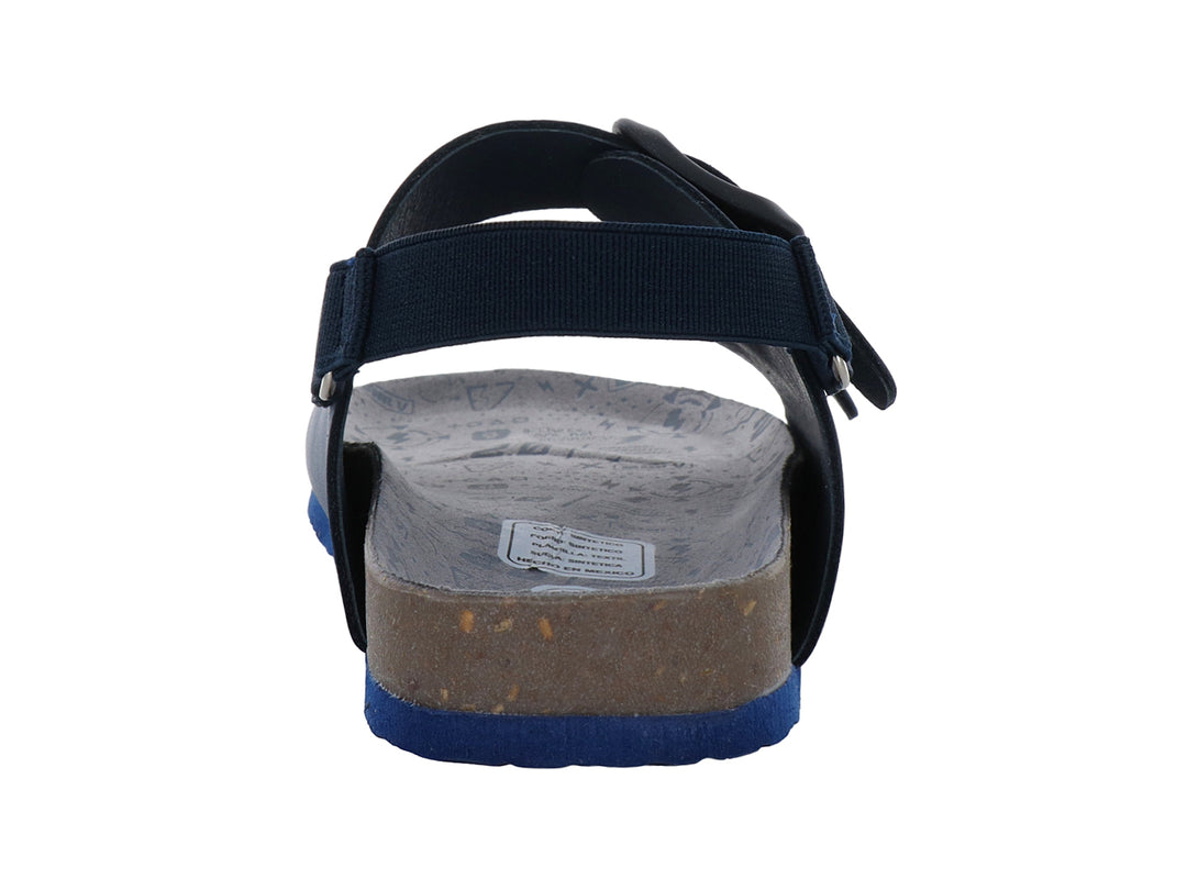Sandalia azul marino con dos correas y hebillas negras, suela de corcho y acabado mate.
