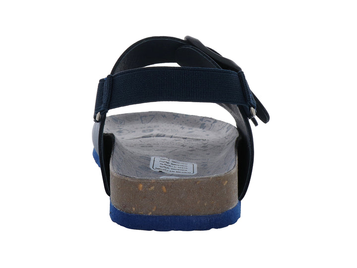 Sandalia azul marino con dos correas y hebillas negras, suela de corcho y acabado mate.