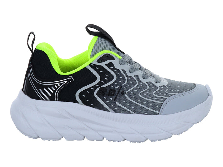 Tenis deportivos infantiles color gris y blanco con detalles en negro y verde neón.