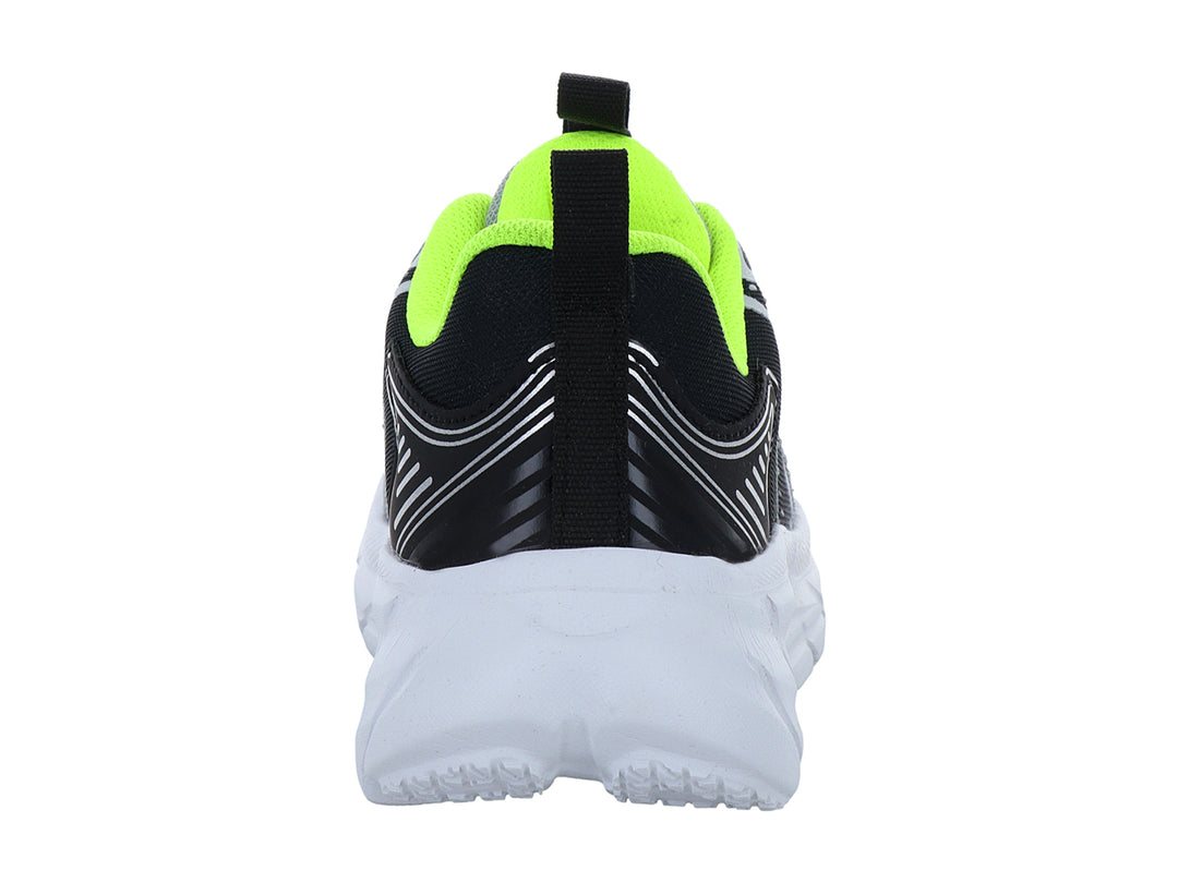 Tenis deportivos infantiles color gris y blanco con detalles en negro y verde neón.