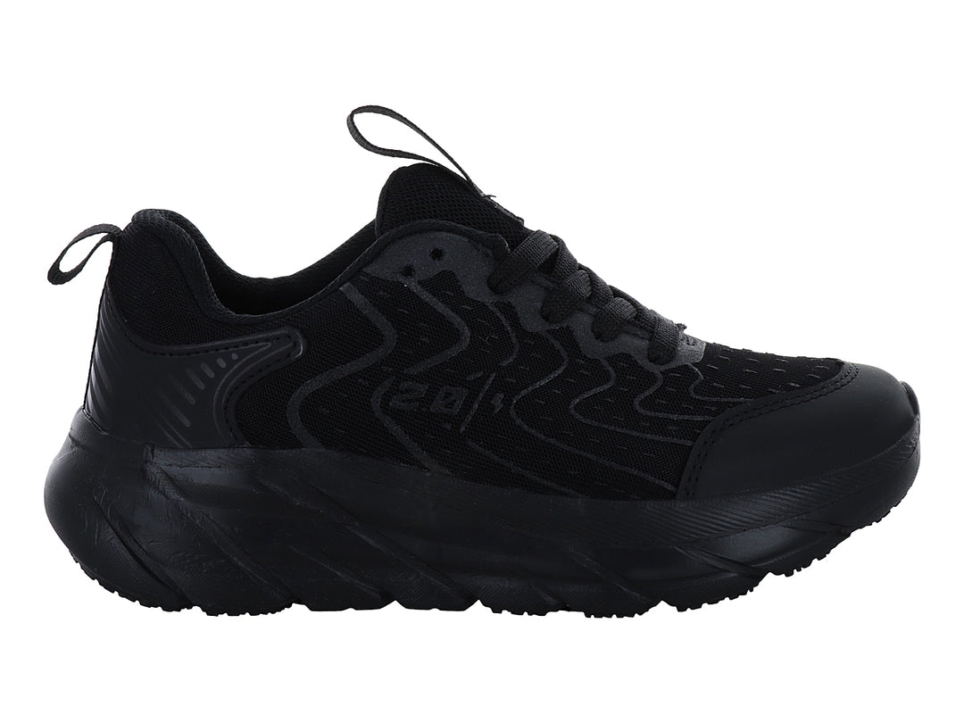 Tenis deportivos infantiles de color negro con malla transpirable y suela gruesa.
