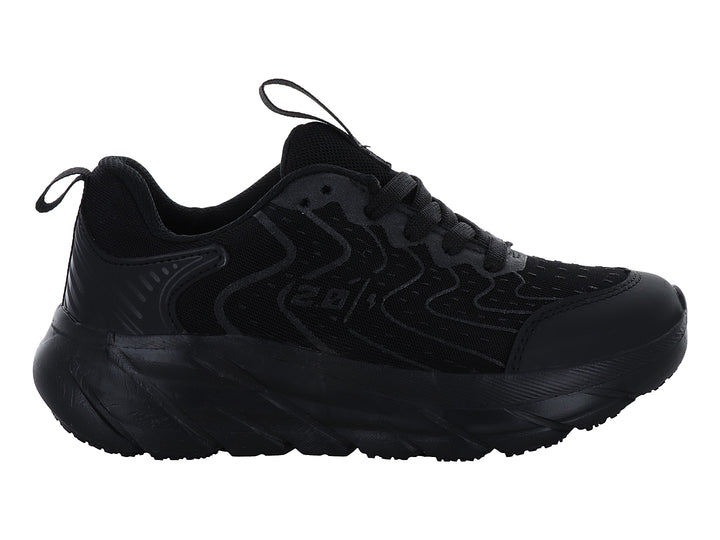 Tenis deportivos infantiles de color negro con malla transpirable y suela gruesa.