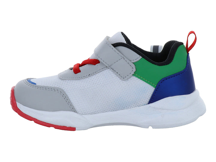 Zapato deportivo infantil VAVITO en color blanco con detalles multicolores en azul, verde y rojo con cierre de velcro.